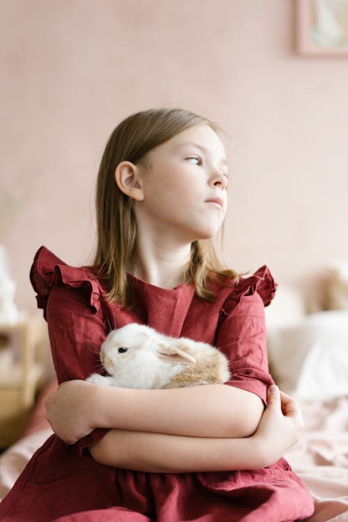 Cute girl with white rabbit in arms
