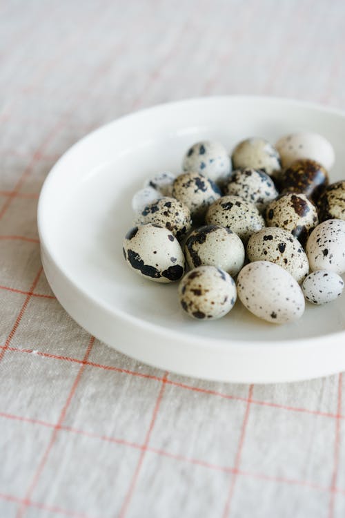 Quail eggs placed on white plate