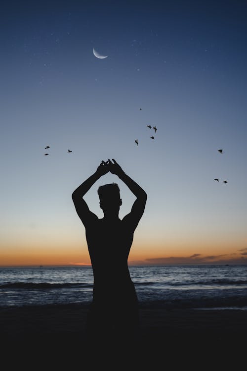 Silhouette of a Person Raising Hands during Night Sky