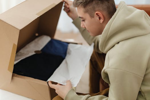 Man opening a cardboard box containing clothing inside, wearing a hoodie.