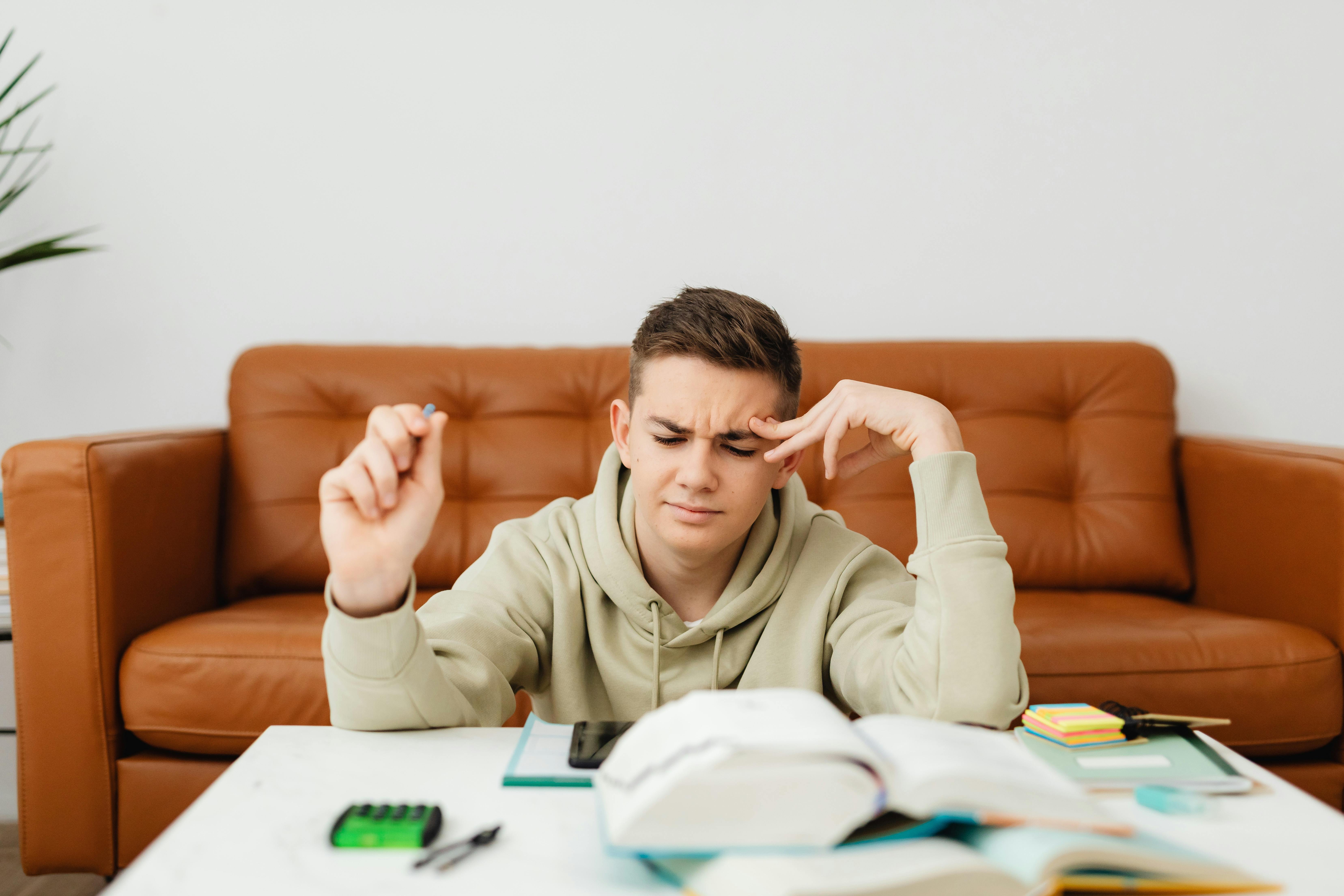 portrait of a young man studying and brown sofa in background