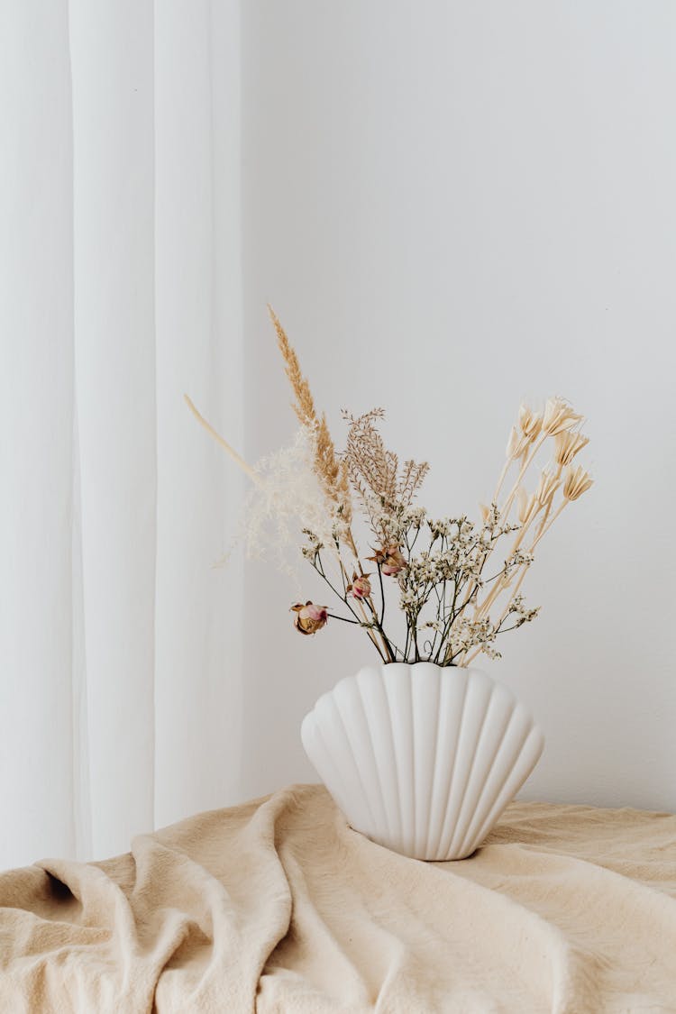 Beige Still Life With Dry Plants In Shell Shape Vase