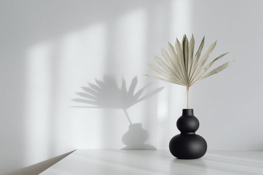 A black vase with a dried palm leaf casting a shadow on white wall.