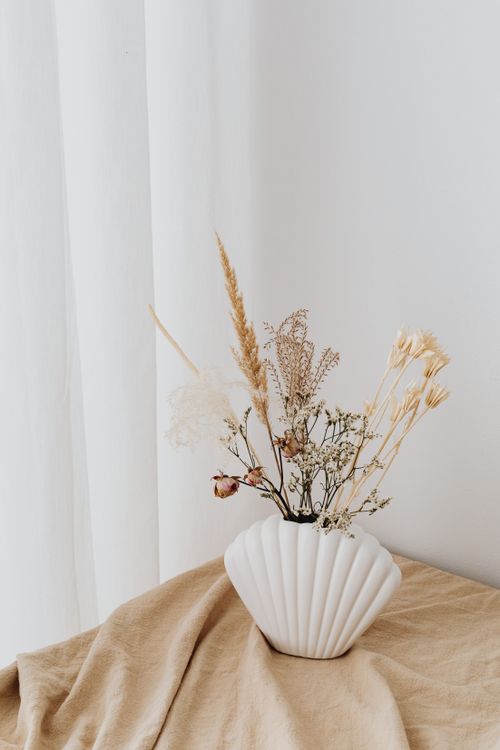 Free Stylish white ceramic vase filled with delicate dried flowers, perfect for modern decor. Stock Photo