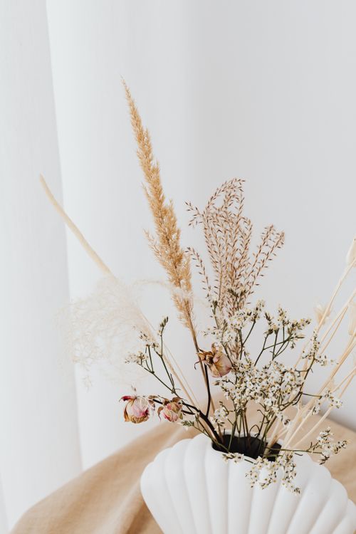 Free Aesthetic minimalist display of dried wildflowers in a white fluted vase indoors. Stock Photo