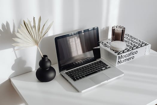 A sleek workspace featuring a laptop, dry palm decor, and minimalist accessories.