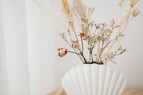Free A stylish floral arrangement showcasing dried flowers in a white shell vase, perfect for interior decor. Stock Photo