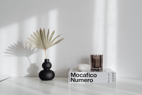 Free A minimalist setup with a black vase, dried palm leaf, glass and books on a white surface. Stock Photo