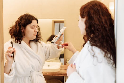 Two women in bathrobes share a morning routine, applying toothpaste at a bathroom sink.