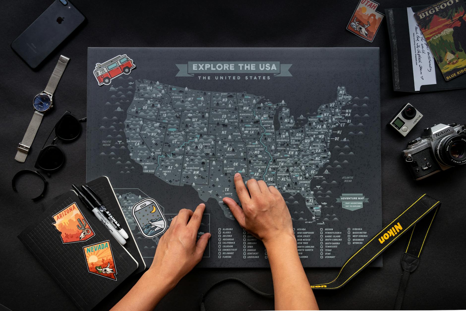 Hands-on U.S. map session with travel notebook and camera for 2026 plans