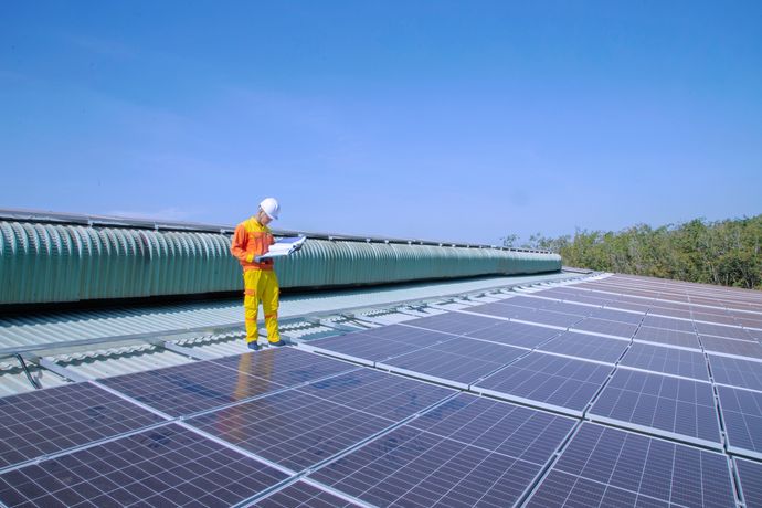 Technician inspecting solar panels during a maintenance visit