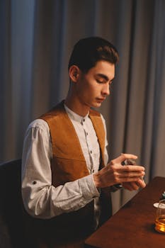 Focused young man in casual attire shuffling playing cards at home.