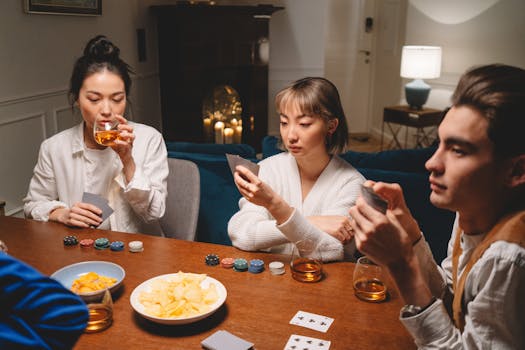Group of friends having a fun poker night with drinks and snacks indoors.