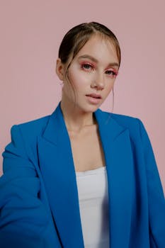 Elegant studio portrait of a fashionable young woman in a blue blazer against a pink backdrop.