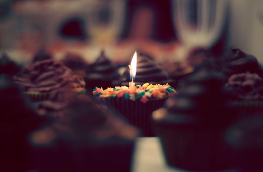 Delicious sweet dessert decorated with burning candle placed between appetizing cupcakes on table