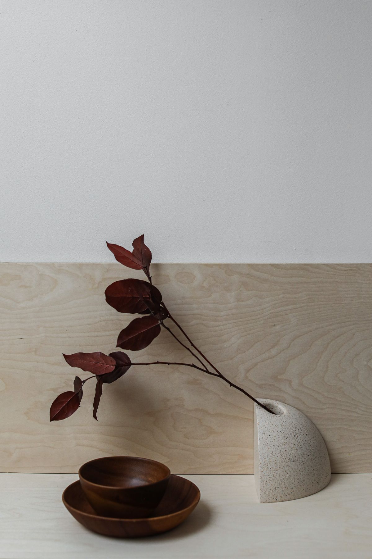 Turned wooden bowl and plate with dried leaves