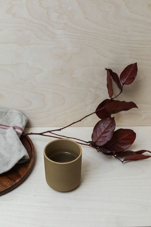 Free Aesthetic minimalistic setup featuring a cup of tea, red leaves, and a wooden tray on a light background. Stock Photo