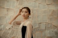 A Woman in White See Through Clothes with Her Hand on Her Head