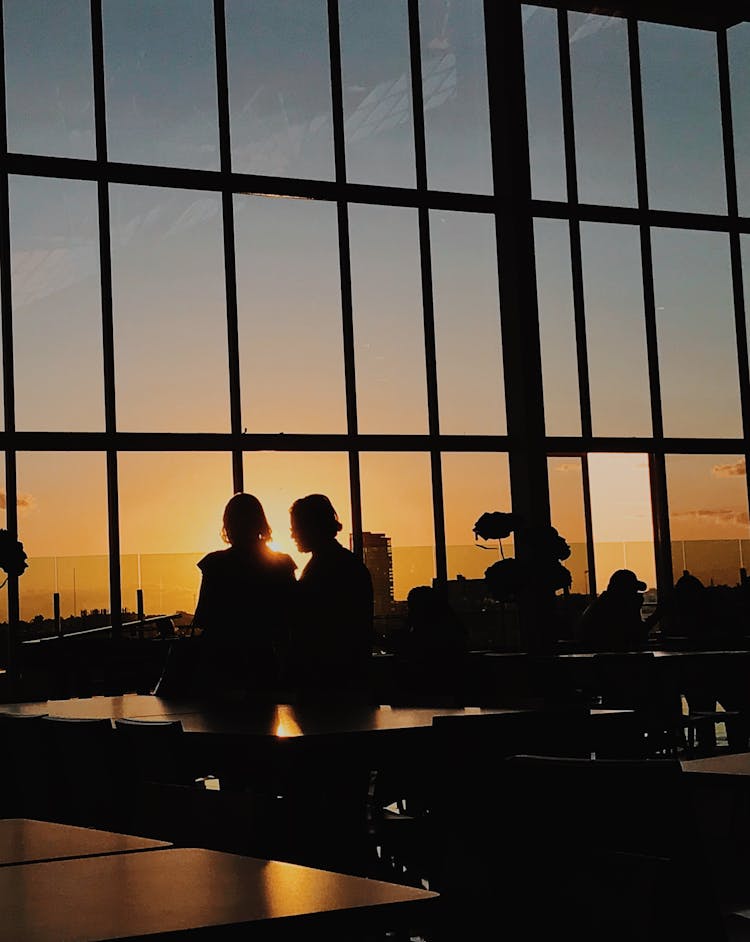 Unrecognizable Women Admiring Sunset From Window In Modern Cafe