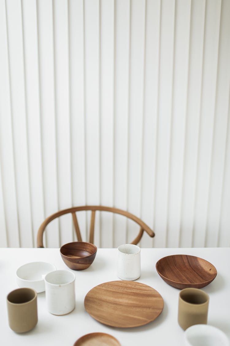 Empty Cups, Bowls And Plates On A Table