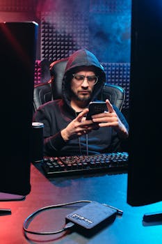 A man in a hoodie uses a smartphone at a computer desk, highlighting a tech atmosphere.
