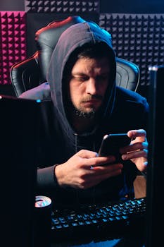 Man in a dark hoodie using a smartphone indoors, seated at a desk with monitors, conveying a tech-focused ambiance.