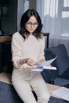 Woman in a cozy pink sweater reviewing documents while sitting indoors, showcasing focus and work.