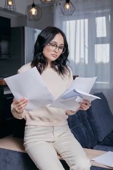 Focused woman in office attire reviewing papers, showcasing a professional work environment.