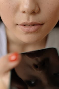 A close-up portrait of a woman reflecting on a smartphone screen.
