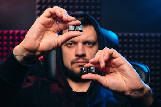 Close-up of a man holding computer keycaps with a focused expression.