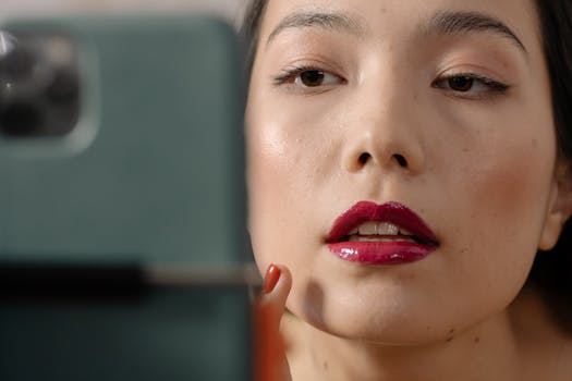 Beautiful Asian woman applying red lipstick with a focused expression. Close-up view.