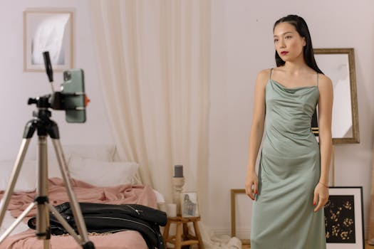 An elegant woman in a stylish dress poses for her fashion vlog inside a well-decorated room.