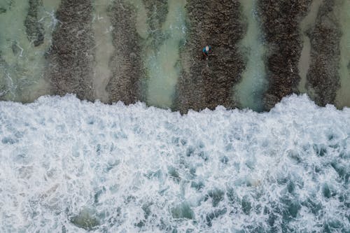 Person Standing On The Shore With Waves Rushing