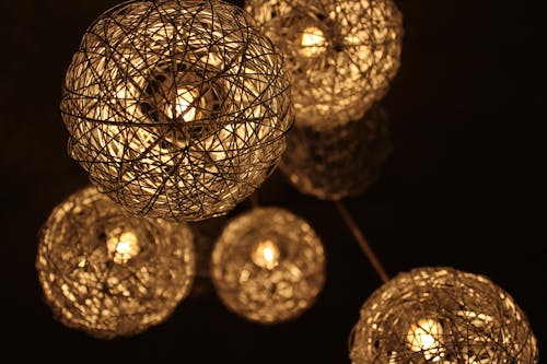 Free Closeup Photo of Brown Round Twig Pendant Lamps Stock Photo