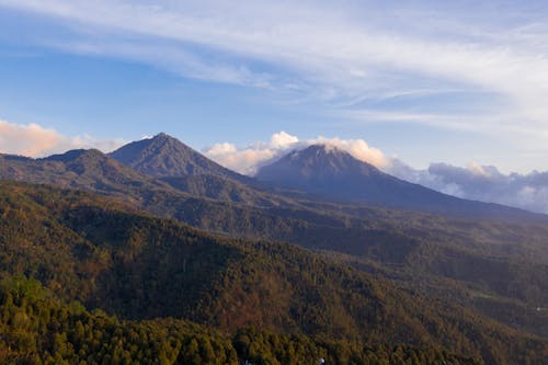 An Aerial Photography of a Mountain with Green Trees Under the Blue Sky and White Clouds