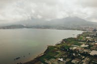 多云天空下令人惊叹的湖泊鸟瞰图，周围环绕着郁郁葱葱的绿色田野和山脉