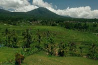 郁郁葱葱的绿色水稻梯田与热带山脉在充满活力的天空下