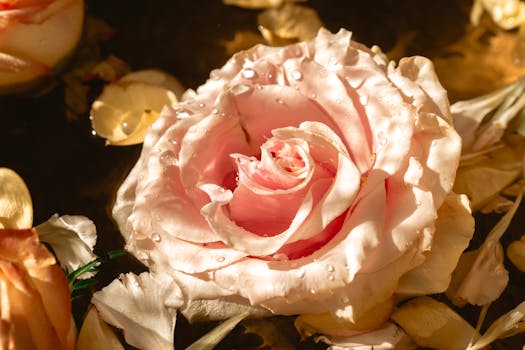 A detailed close-up of a fresh pink rose with water droplets, floating among petals.