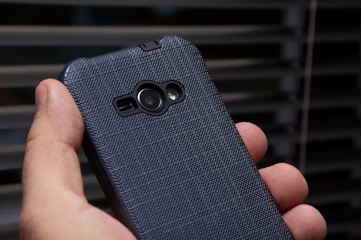 一只握着智能手机的手靠近窗户，蓝色纹理外壳的特写镜头展现了现代科技
