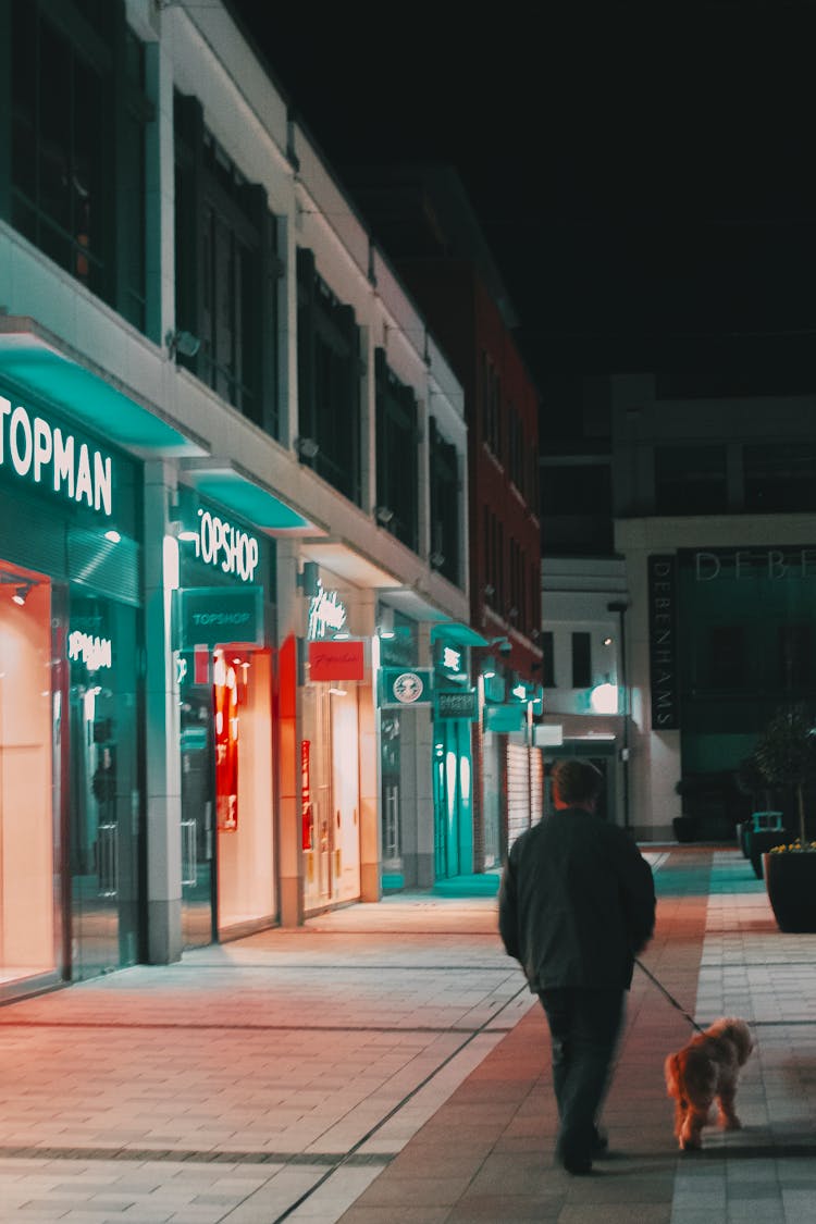 A Man Walking A Dog At Night