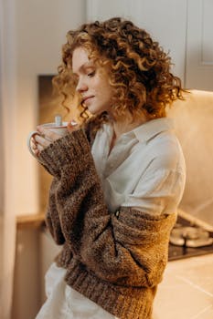 Woman enjoying a warm drink in a cozy kitchen, wearing a brown knitted sweater.