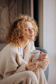 Woman in knitted sweater enjoys a peaceful moment with coffee indoors.