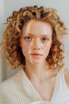 Portrait of woman with curly hair and rainbow reflection on her face.