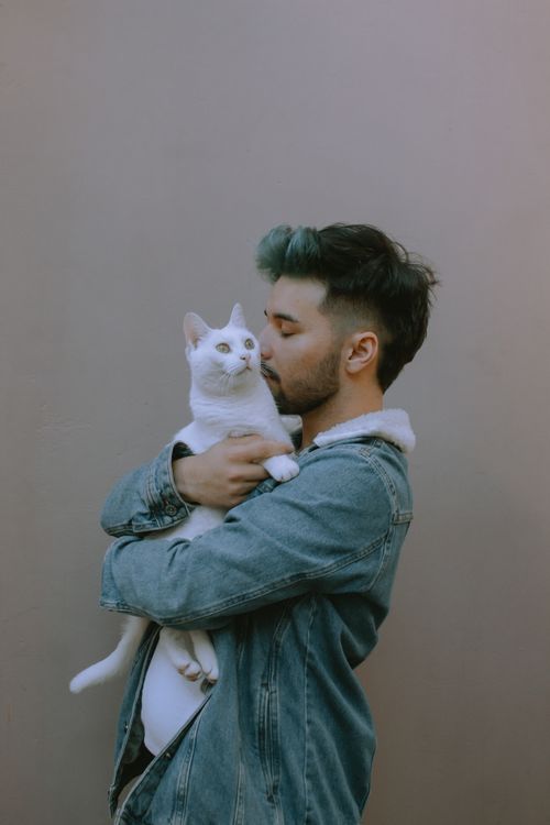 Free A man in a denim jacket holds a white cat, conveying warmth and companionship. Stock Photo