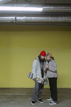 Young friends with skateboard using phone indoors, representing modern youth culture.