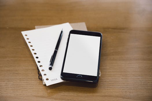 Flat lay of a smartphone and notepad on wooden desk, ideal for mockup presentations.