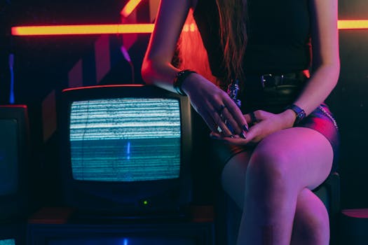 A stylish woman sits in a black skirt with vintage TV static, neon lights creating a moody ambiance.