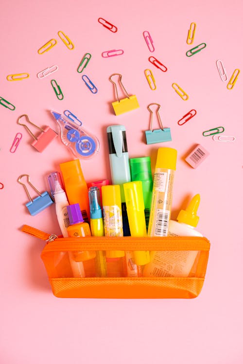 Free Colored Markers on Orange Pouch Stock Photo