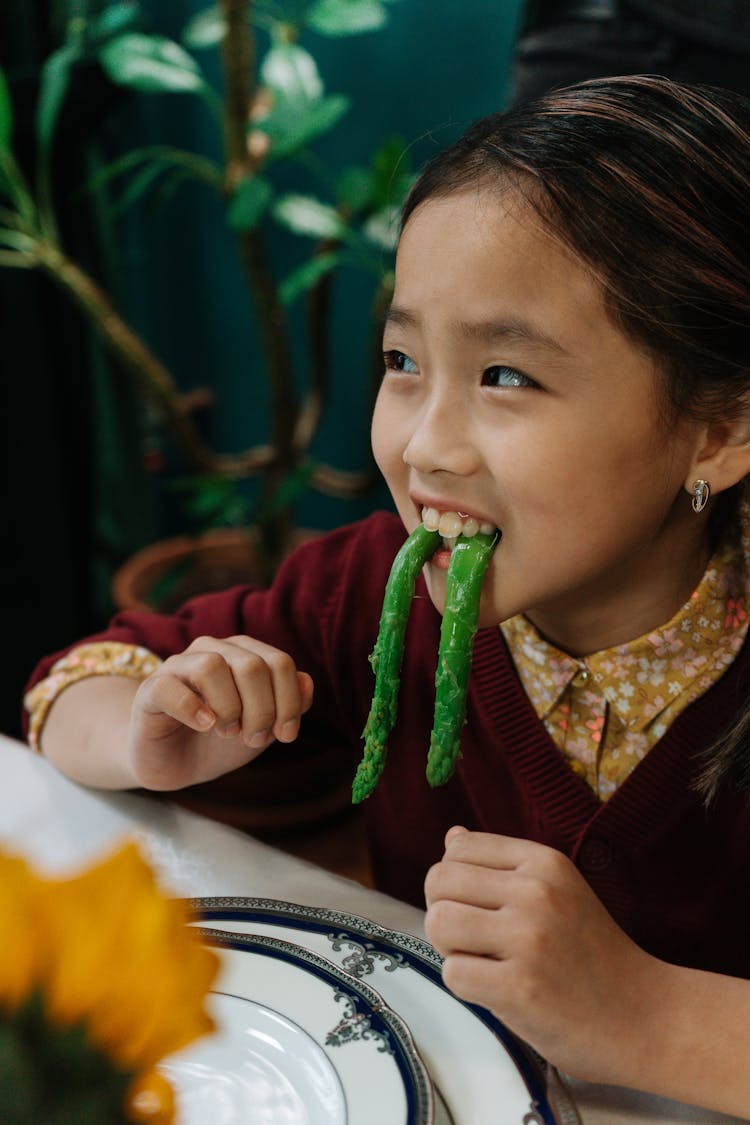 Close-Up Shot Of A Child Eating Asparagus