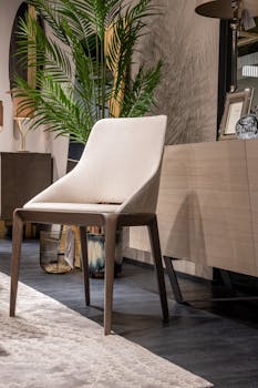 Elegant interior design featuring a contemporary chair and lush green plants for a stylish home decor.